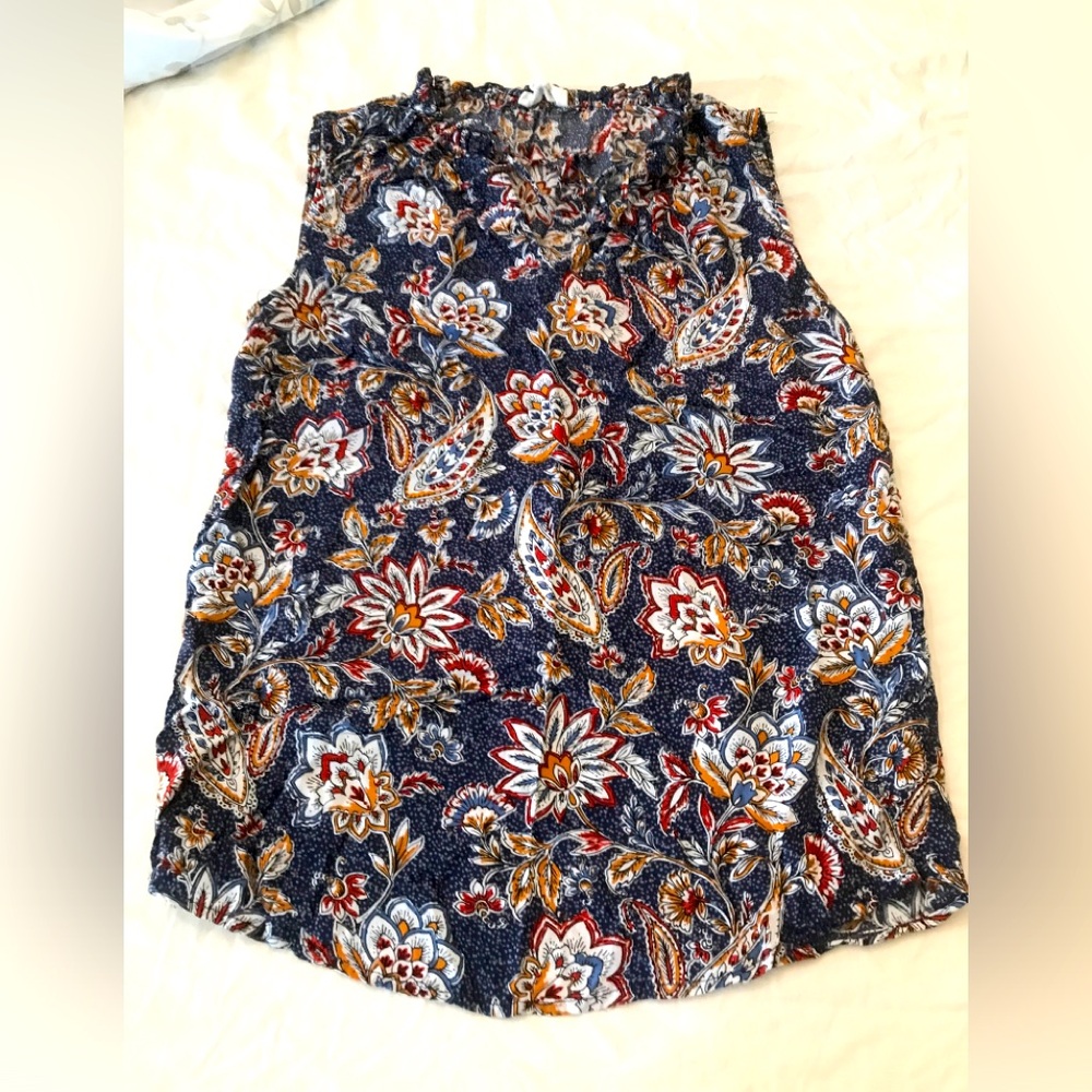 Workshop women’s sleeveless blouse XS blue floral tie neck